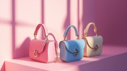 Trendy small handbags with metallic hardware, displayed on muted pastel pink surfaces.