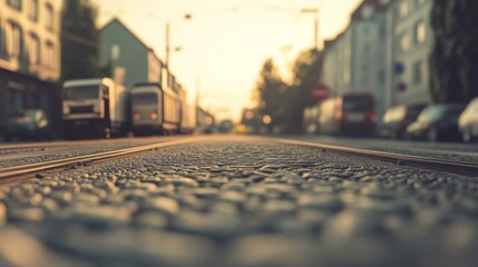 Fototapeta premium Sunset city street tram tracks cobblestone