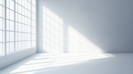 Fototapeta premium bright, empty room with large windows casting soft shadows on floor, creating serene atmosphere. light filtering through enhances minimalist design
