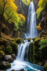 waterfall in a canyon with mossy rocks and trees in the background