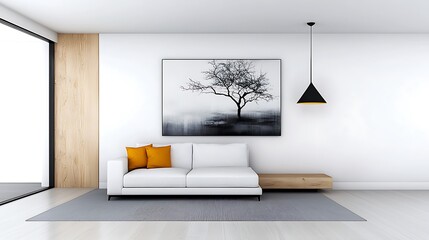 Ground-level perspective of a contemporary white cotton sofa in a bright, airy living space with subtle wooden details, modern decor, and a soft neutral palette. Ultra-Realistic, Photo Realistic, 