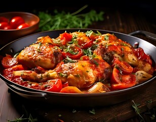 Pollo alla Cacciatora is chicken cooked in a hunter's style with tomatoes and herbs.