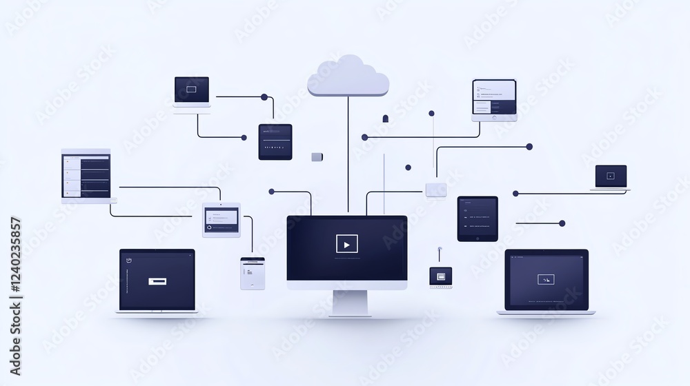 Poster Global cloud storage system with digital devices sharing files seamlessly, showcasing connectivity, security, and access to information worldwide