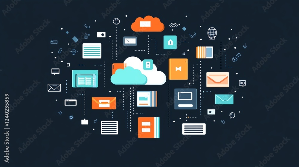 Fototapete Cloud storage with global file icons on a dark background, emphasizing modern technology, connectivity, and secure data exchange