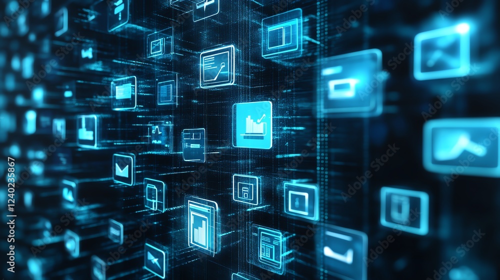 Poster Cloud storage with global file icons on a dark background, emphasizing modern technology, connectivity, and secure data exchange