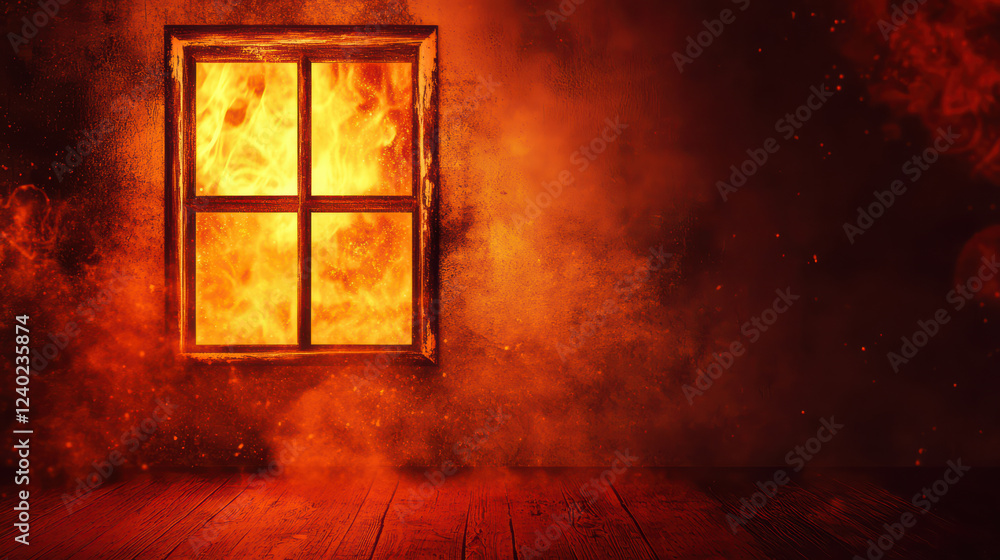 Poster dramatic scene featuring window with flames and smoke, creating intense atmosphere. flickering light