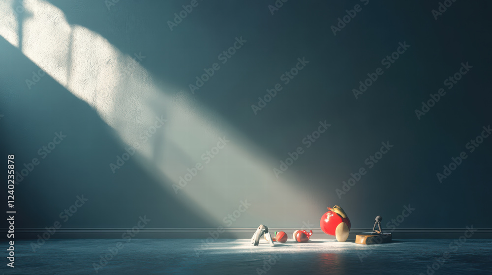 Poster serene empty space with soft glowing light illuminating colorful objects, creating calm and inviting