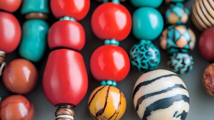 Fototapeta premium Closeup Vibrant Red Turquoise Wooden Beads Necklace Jewelry