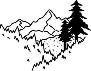 Hand-drawn mountain doodle outline illustration