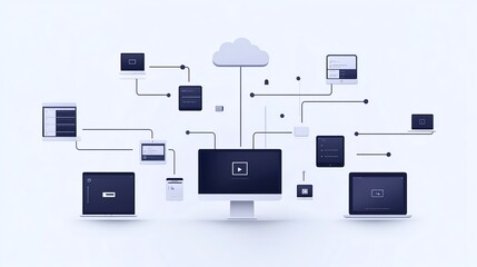 Global cloud storage system with digital devices sharing files seamlessly, showcasing connectivity, security, and access to information worldwide