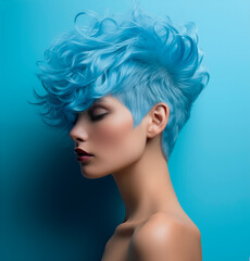 Fototapeta premium portrait of a young woman in profile, with a fashionable hairstyle and blue hair