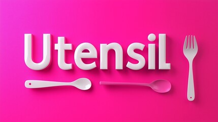 "Utensil" displayed in bold  white letters with a glossy finish on a vibrant pink background.