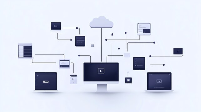Global cloud storage system with digital devices sharing files seamlessly, showcasing connectivity, security, and access to information worldwide