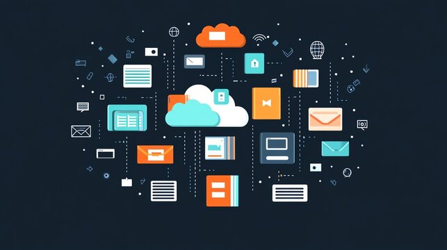 Cloud storage with global file icons on a dark background, emphasizing modern technology, connectivity, and secure data exchange
