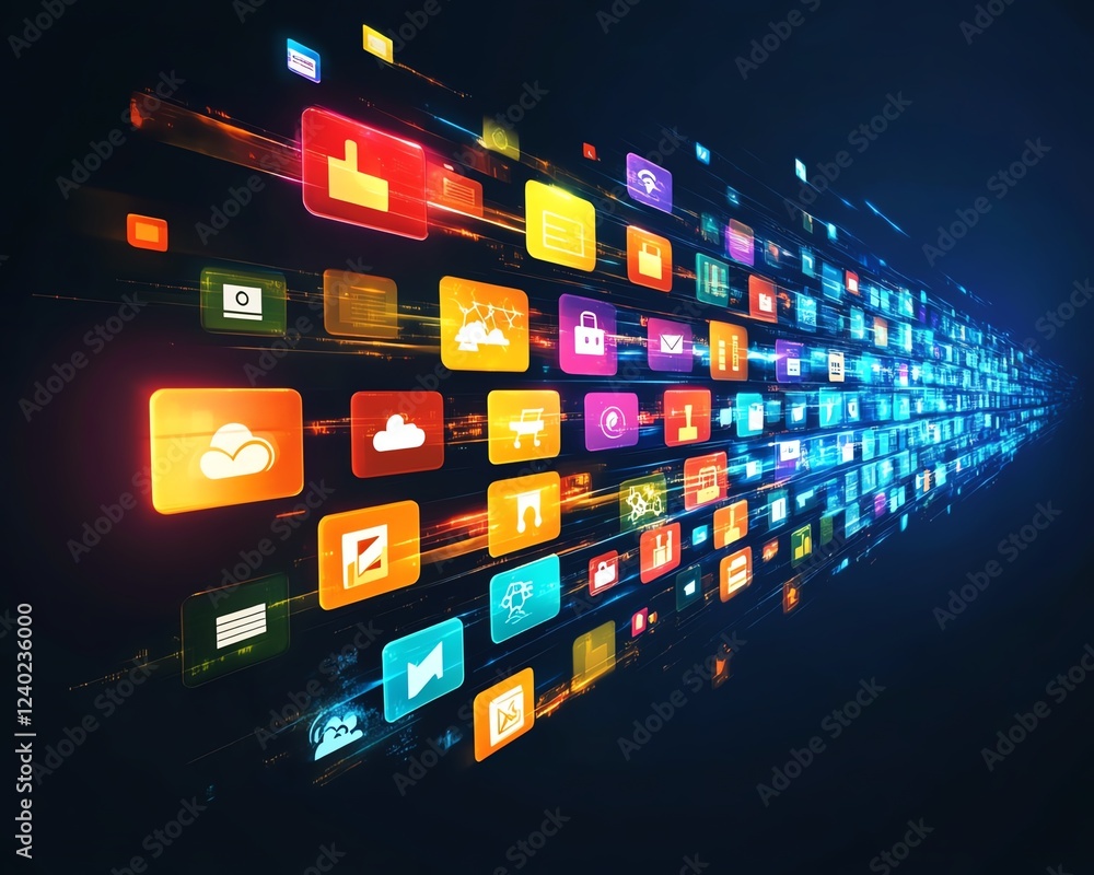 Poster Digital cloud storage concept with global file icons floating on a dark background, symbolizing seamless data access and synchronization