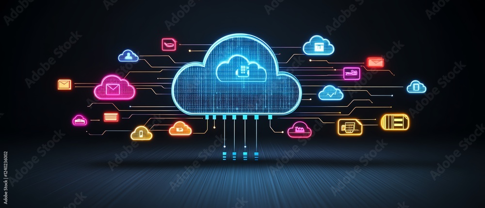 Fototapete Digital cloud storage concept with interconnected file icons and a dark background, symbolizing fast, reliable, and global data sharing