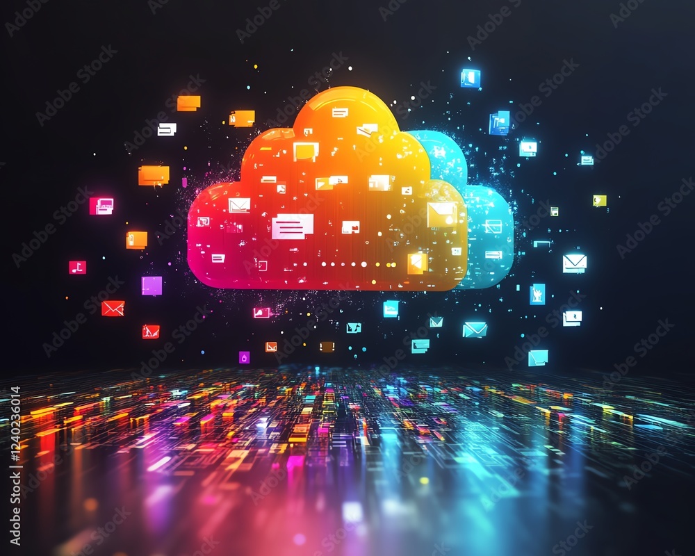 Poster Digital cloud storage concept with global file icons floating on a dark background, symbolizing seamless data access and synchronization