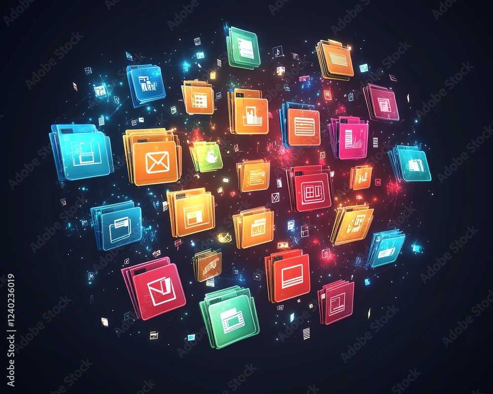 Poster Digital cloud storage concept with global file icons floating on a dark background, symbolizing seamless data access and synchronization