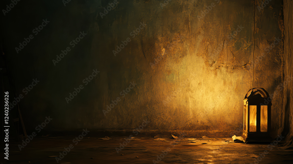 Poster dark abandoned room with soft flickering light from lantern, creating mysterious atmosphere. walls a