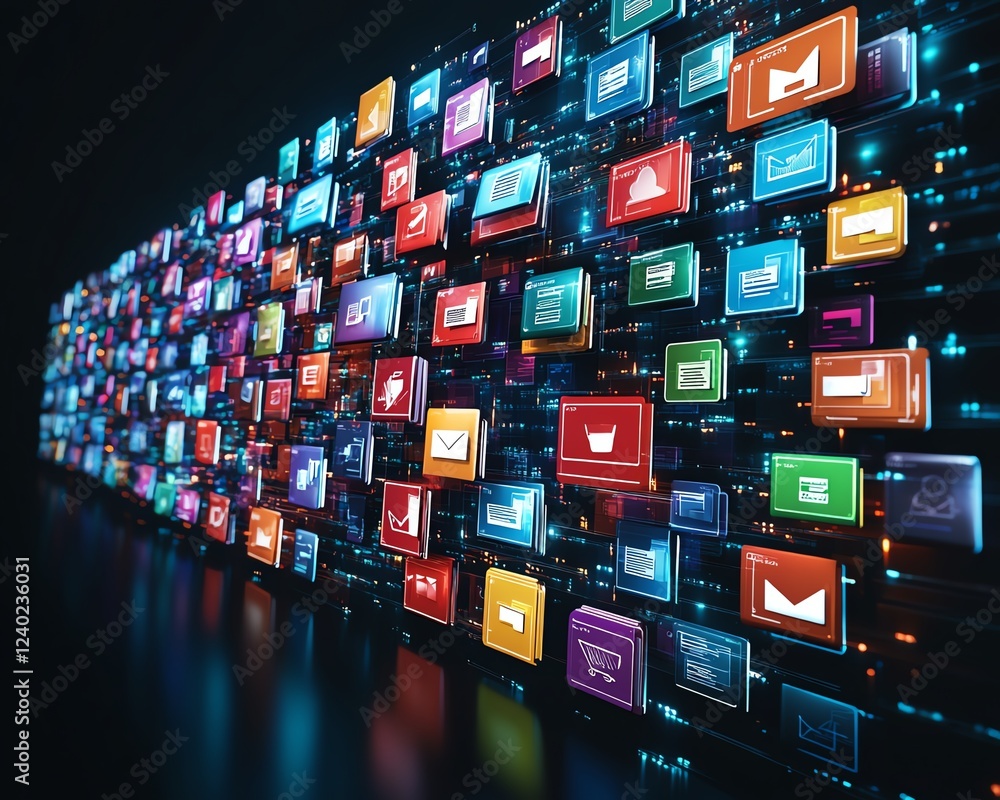 Aufkleber Digital cloud storage concept with global file icons floating on a dark background, symbolizing seamless data access and synchronization