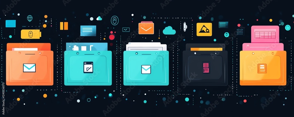 Leinwandbilder Digital cloud storage interface featuring global file icons on a dark background, representing easy file management and global access