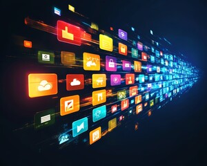 Digital cloud storage concept with global file icons floating on a dark background, symbolizing seamless data access and synchronization