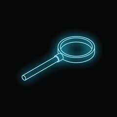 Blue neon sign depicting a magnifying glass glowing on a black background