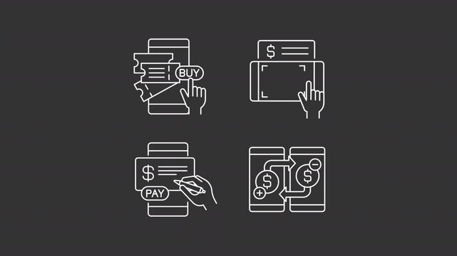 Animated mobile banking app white icons. Online financial services line animation library. Financial technology. Isolated illustrations on dark background. Transition alpha. HD video. Icon pack