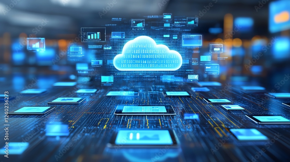 Poster Cloud storage and global file sharing concept on digital devices, showcasing seamless synchronization and data management worldwide