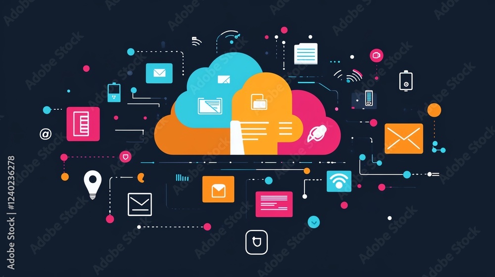 Poster Cloud storage concept with interconnected global file icons on a dark background, illustrating secure and efficient data management