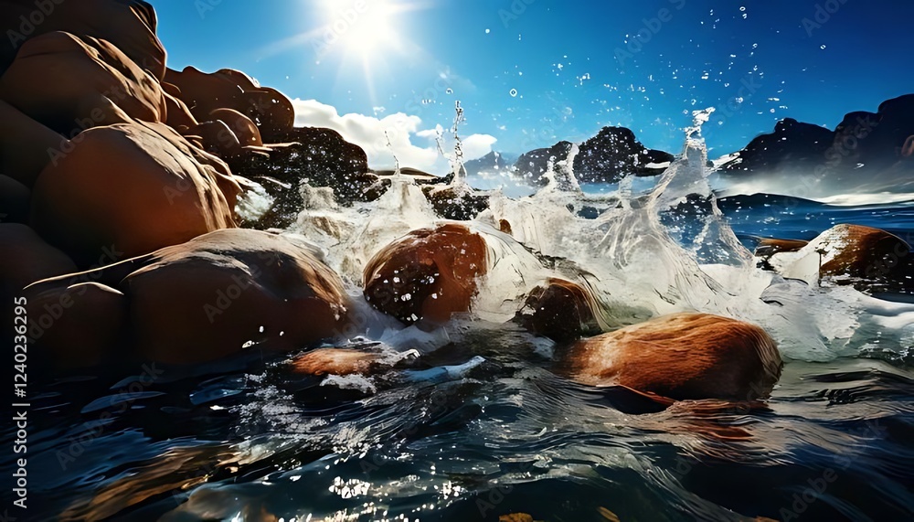Poster rocks are shown with water splashing, creating a dynamic, fluid action scene.