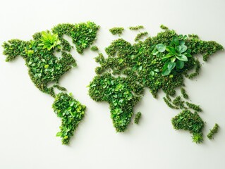 Green map of the world made from plants.