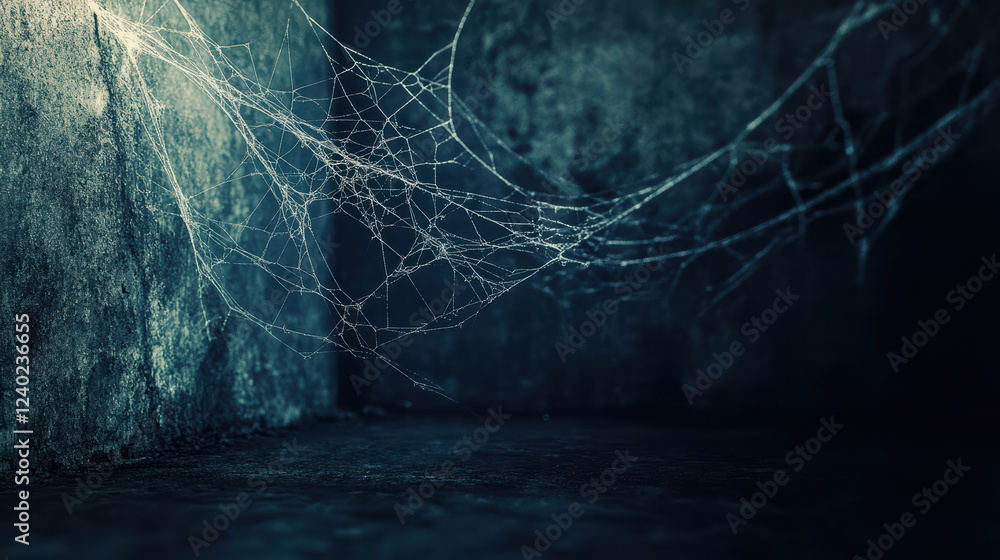 Aufkleber dark room with flickering light reveals cobwebs in corners, creating eerie atmosphere. intricate web