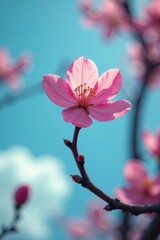 Obraz premium A Delicate Pink Blossom Against a Vivid Azure Sky, Its Petals Unfurling in the Gentle Breeze, a Symbol of Spring's Arrival