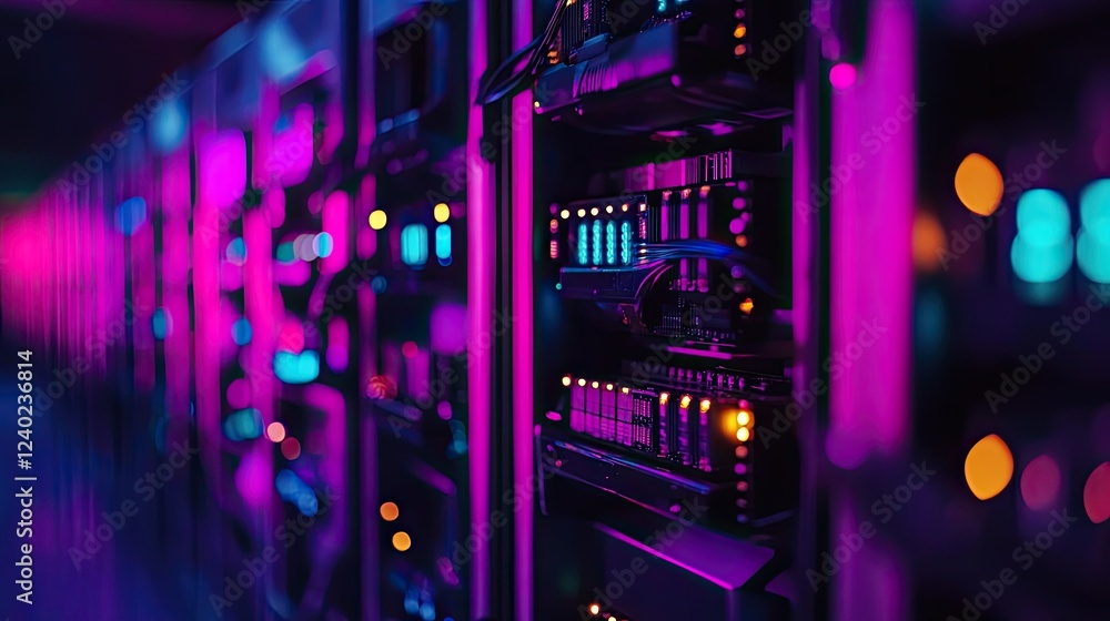 Poster crypto mining rig with gpus, colorful led lights illuminating the setup