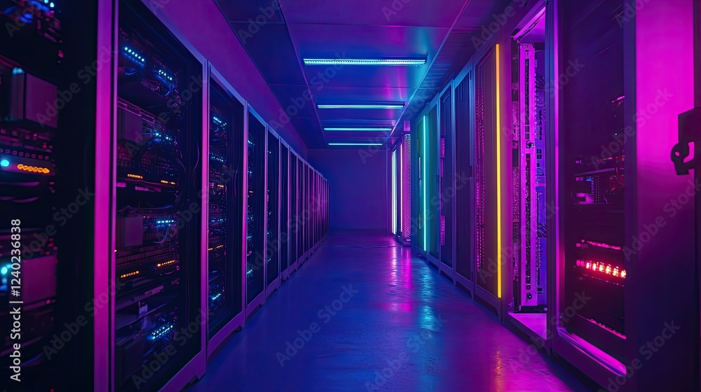 Poster crypto mining rig with gpus, colorful led lights illuminating the setup