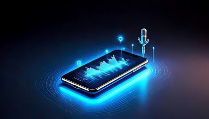 smartphone displays holographic sound waves, with a microphone, symbolizing advanced audio technology and digital sound processing.