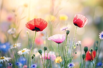 Obraz premium Colorful wildflowers in a sunlit meadow with red and pink poppies and daisies in soft golden light