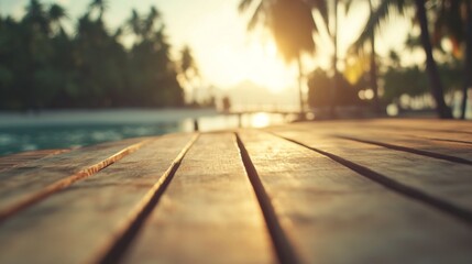 Tropical sunset beach pier wood planks background