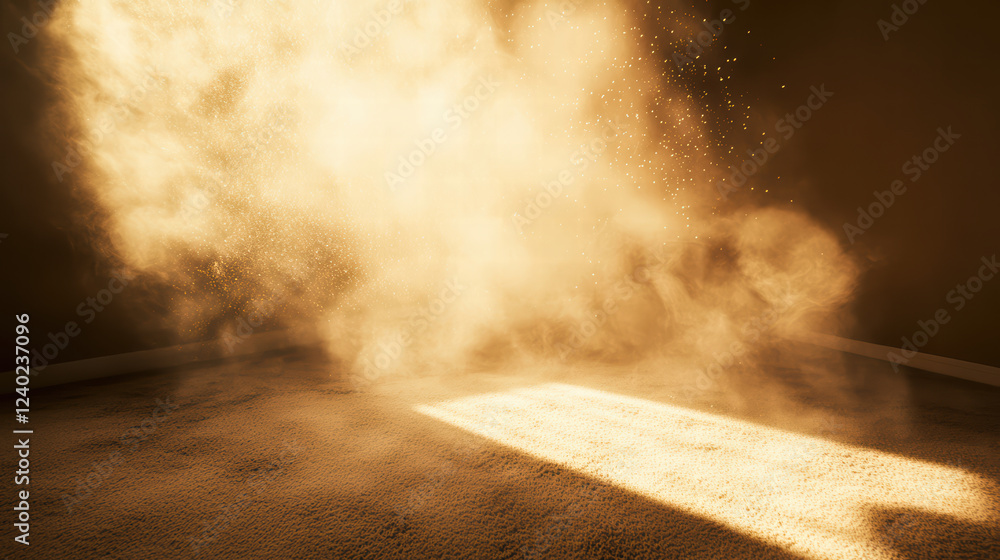 Poster deserted room with ghostly glow highlighting dust particles in air, creating ethereal atmosphere. su