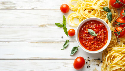 Pasta Fettuccine Bolognese with tomato sauce in white bowl. Flat lay. Top view