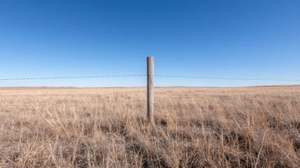 Prairie landscape, fence post, barbed wire, clear sky, rural scene