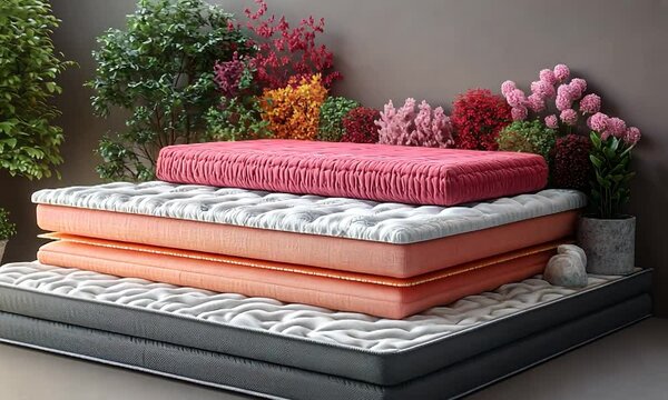 Colorful mattresses stacked in a serene garden setting with flowers