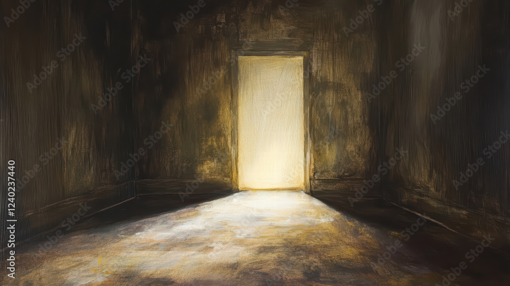 Poster deserted room with mysterious light illuminating doorway, creating intriguing atmosphere. shadows an