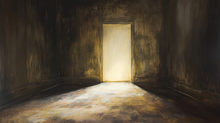 Obraz premium deserted room with mysterious light illuminating doorway, creating intriguing atmosphere. shadows and textures enhance sense of isolation and curiosity