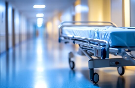 Hospital corridor, empty gurney, blue lighting, medical transport