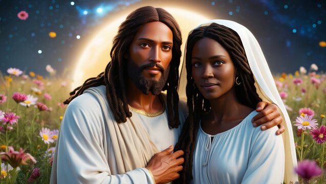 Jesus and Mary Magdalene in white tunic in the middle of a flower garden and facing the shining sun