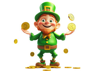 Cheerful Cartoon Leprechaun Character Juggling Gold Coins for Luck and Prosperity