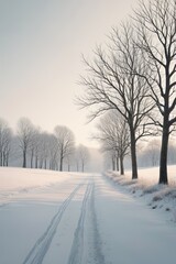 Fototapeta premium arafed view of a snowy road with trees and a person on skis
