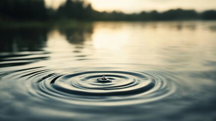 Water droplet impact ripples calm lake sunset